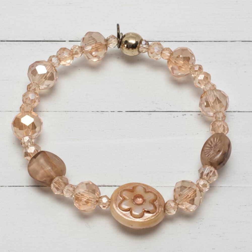 Czech Glass Stretchy Unique Design Champagne Colored Handmade Sparkly Bracelet